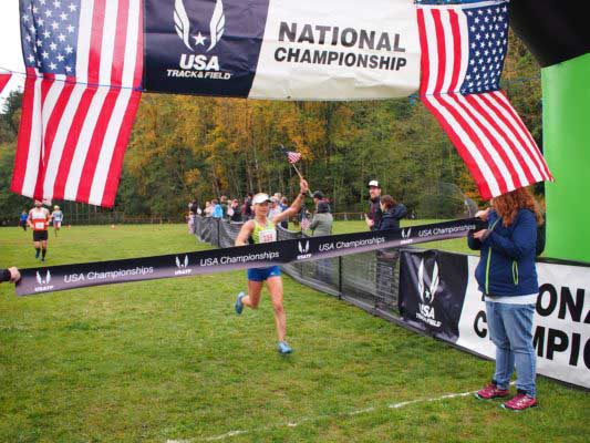 Renee Metivier winning the USATF 1/2 Marathon Trail Championships.